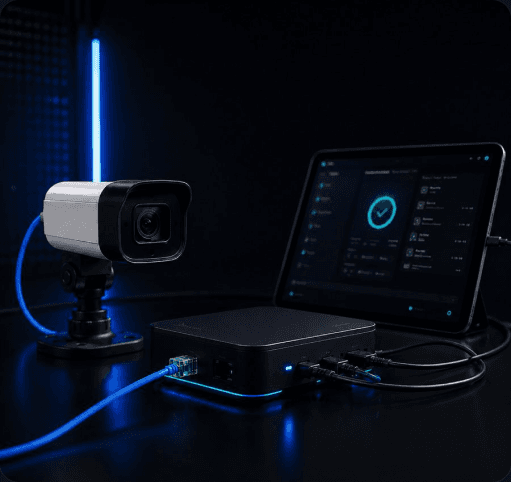 Device Diag AI bench station with security camera and tablet